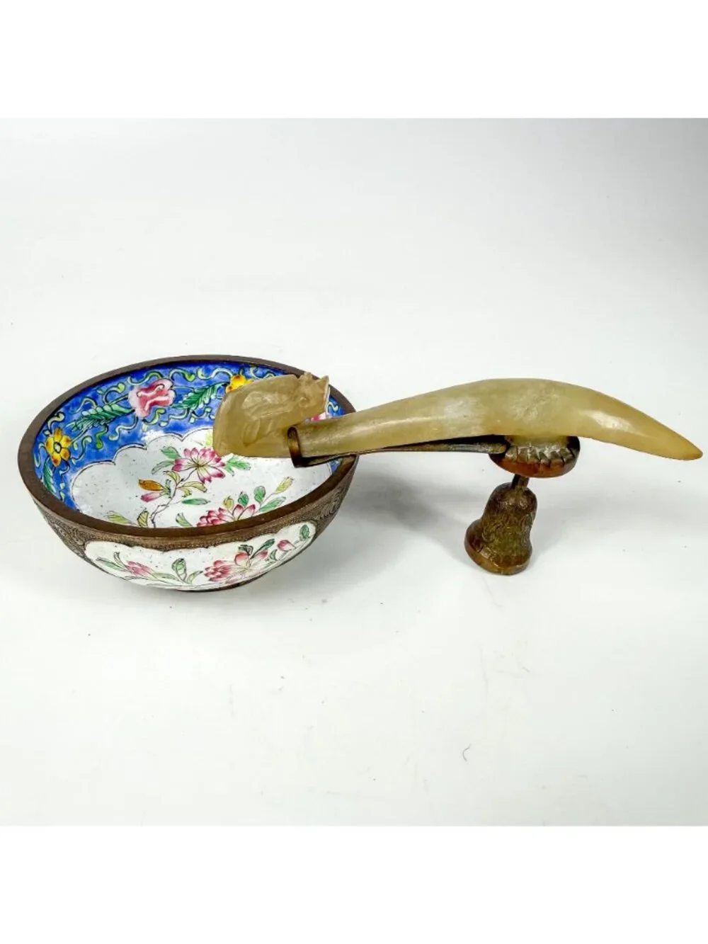 Antique Chinese Enameled Floral Jade Nephrite Hook Handle Bowl